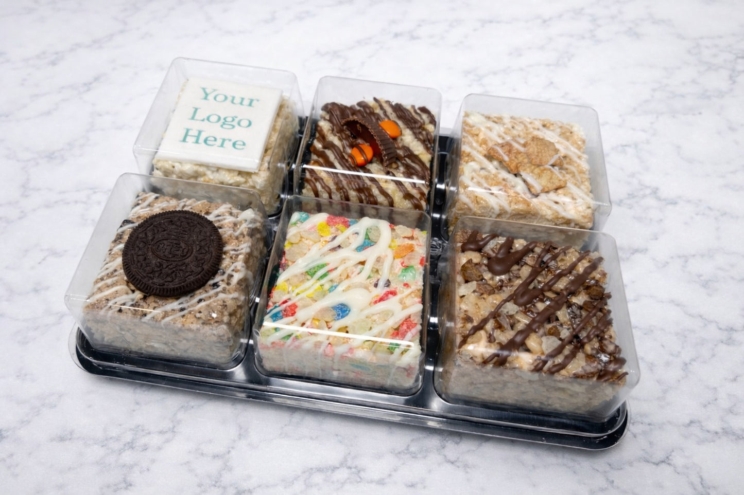 Assorted six pack of Gourmet Rice Crispy Treats with a custom fondant topper and edible ink