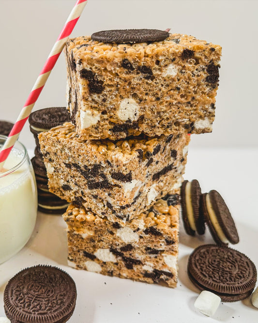 Gourmet cookies and cream rice crispy treat